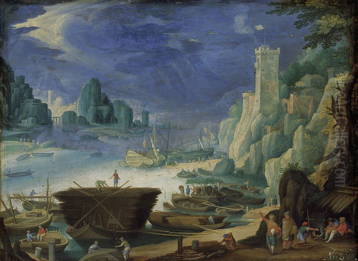 Nachtliche Hafenlandschaft mit Leuchtturm Oil Painting by Paul Bril