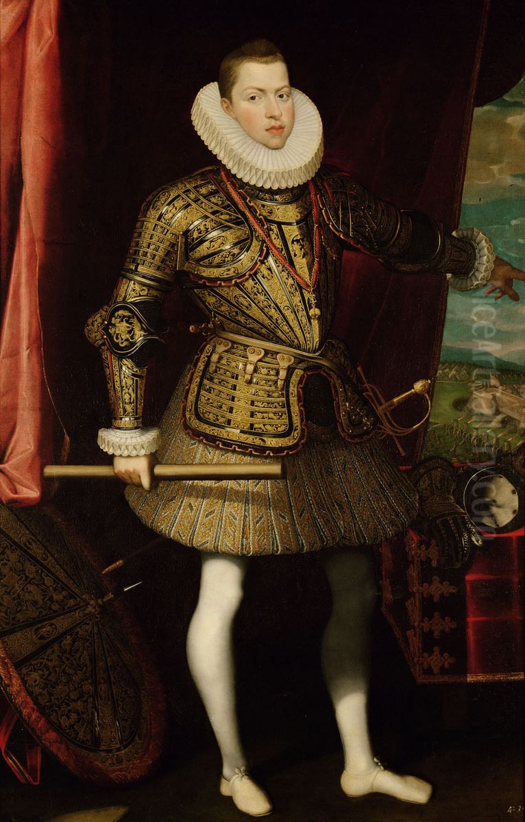 Konig Philipp III.(1578-1621) von Spanien, Bildnis in ganzer Figur als General der Infanterie (Im Hintergrund: Die Belagerung von Ostende 1601-1604) Oil Painting by Juan Pantoja de la Cruz