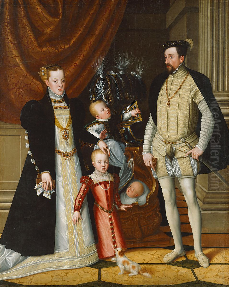 Holy Roman Emperor Maximilian II. of Austria and his wife Infanta Maria of Spain with their children. Oil Painting by Giuseppe Arcimboldo