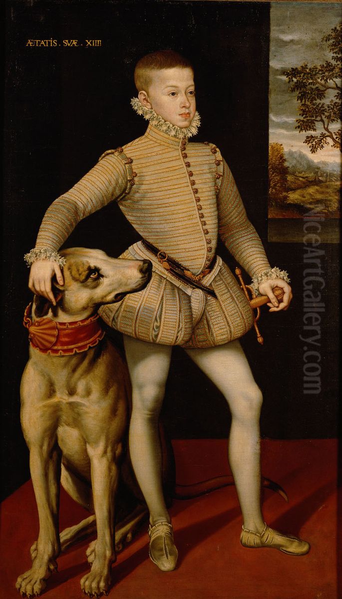 Erzherzog Albrecht VII. (1559-1621) im Alter von 14 Jahren mit einer Dogge, in ganzer Figur Oil Painting by Alonso Sanchez Coello