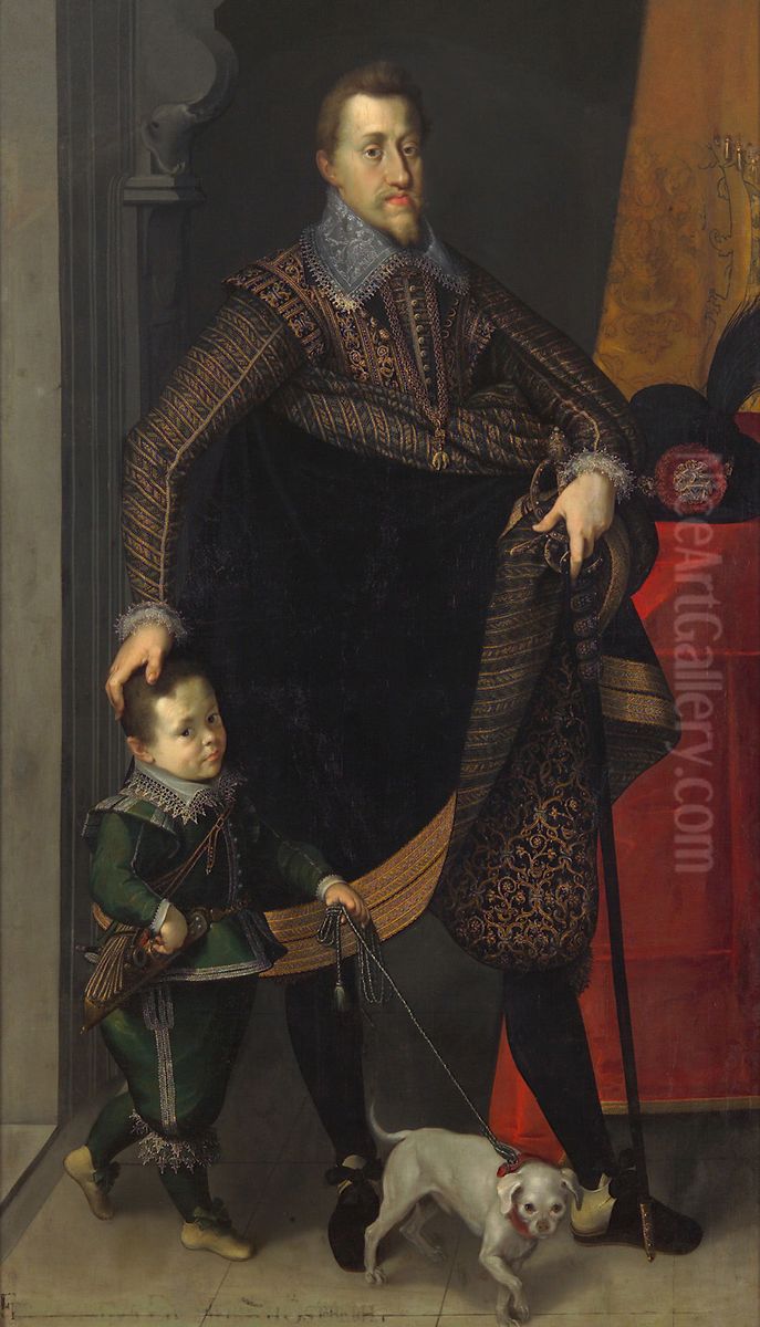 Emperor Ferdinand II (1578-1637) in Full Figure with a Court Dwarf Oil Painting by Joseph The Elder Heintz