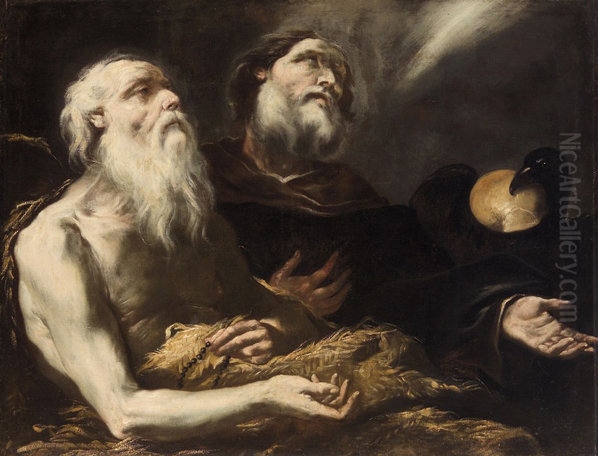 Die Einsiedler Paulus und Antonius mit dem Raben Oil Painting by Guillaume Courtois