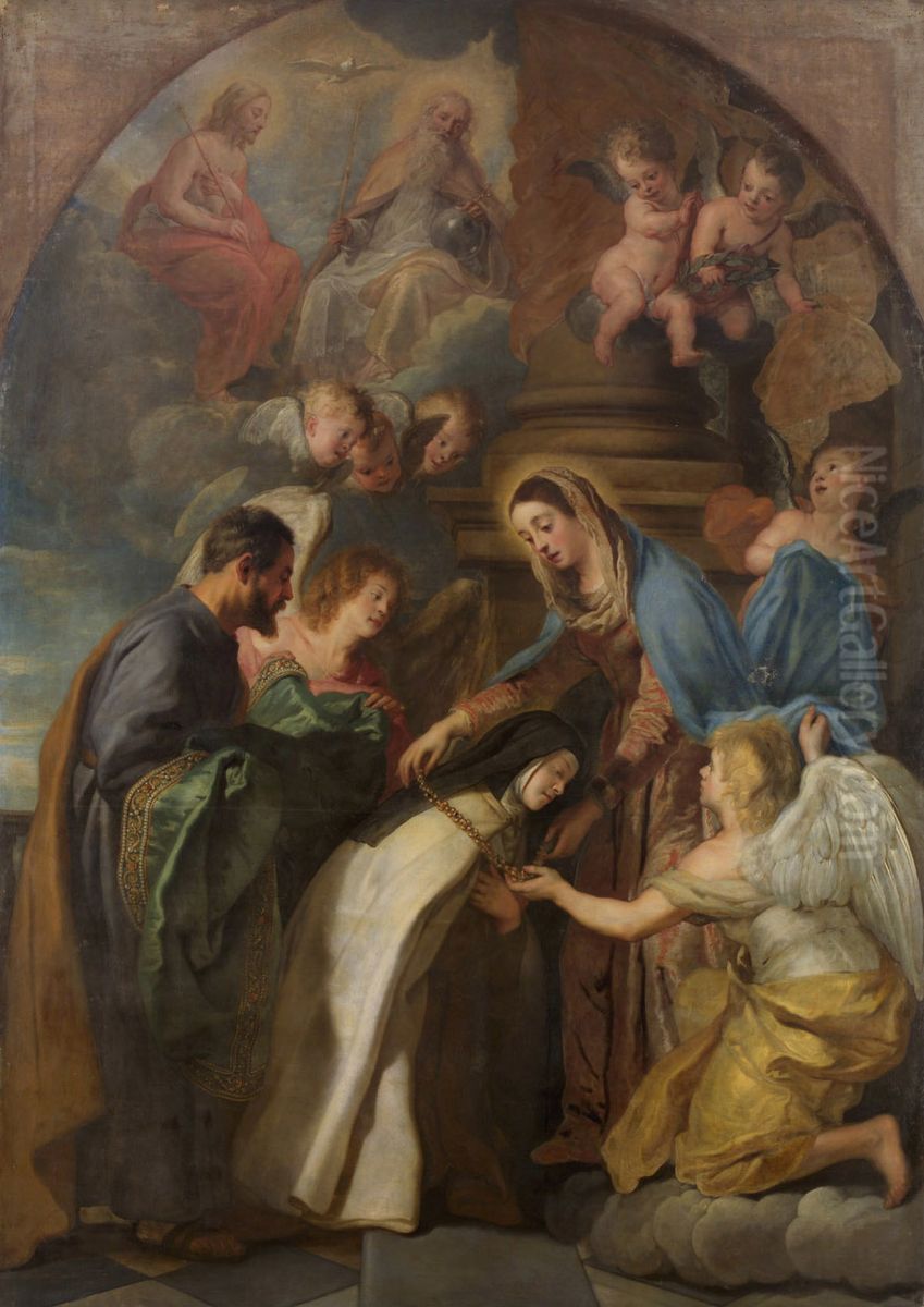 Hl. Therese empfangt eine goldene Kette und einen golddurchwirkten Mantel von der Madonna Oil Painting by Gaspar De Crayer