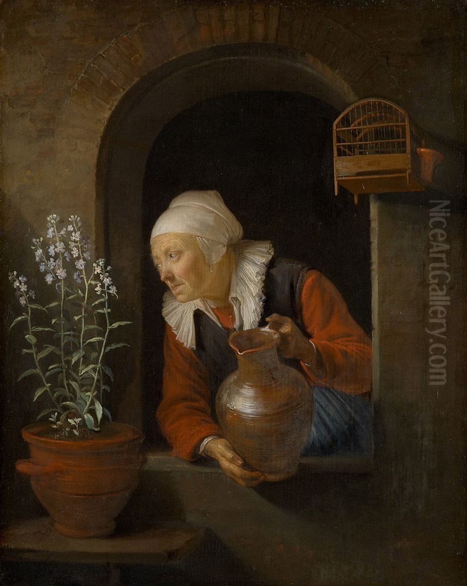 Alte Frau am Fenster, Blumen giessend Oil Painting by Gerrit Dou