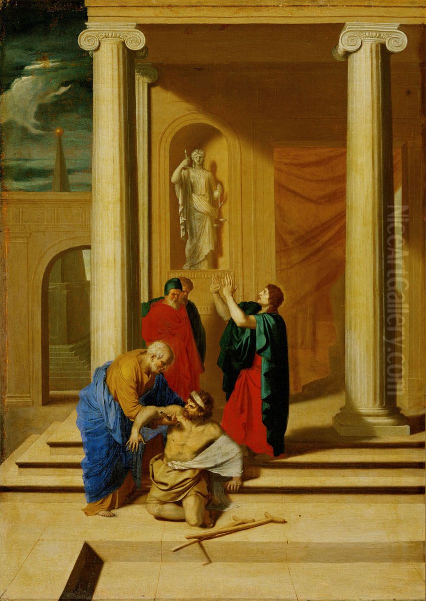 Petrus und Johannes heilen einen Lahmgeborenen im Tempel Oil Painting by Bertholet Flemalle
