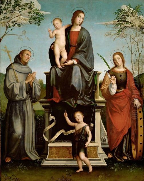 Mary with Child, St. Francis, St. Catherine and young St. John the Baptist Oil Painting by Francesco Francia
