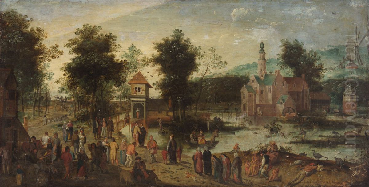 Landscape with castle and tavern Oil Painting by Jacob Grimmer