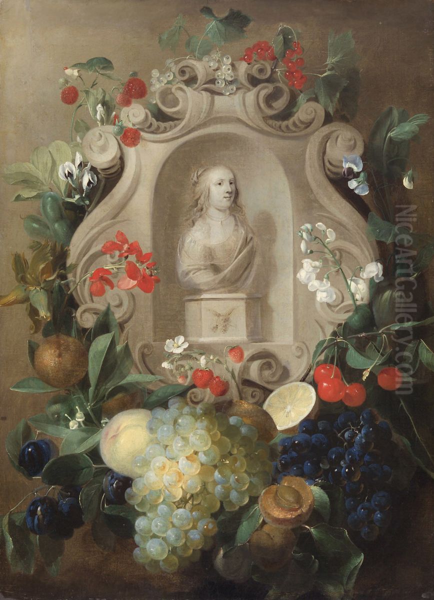 White Bust in a Flower and Fruit Garland Oil Painting by Jan van den Hecke