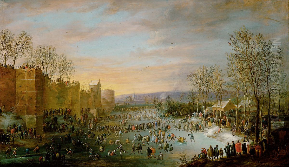 Skating on the moat in Brussels with Archduke Leopold Wilhelm watching Oil Painting by Robert van den Hoecke
