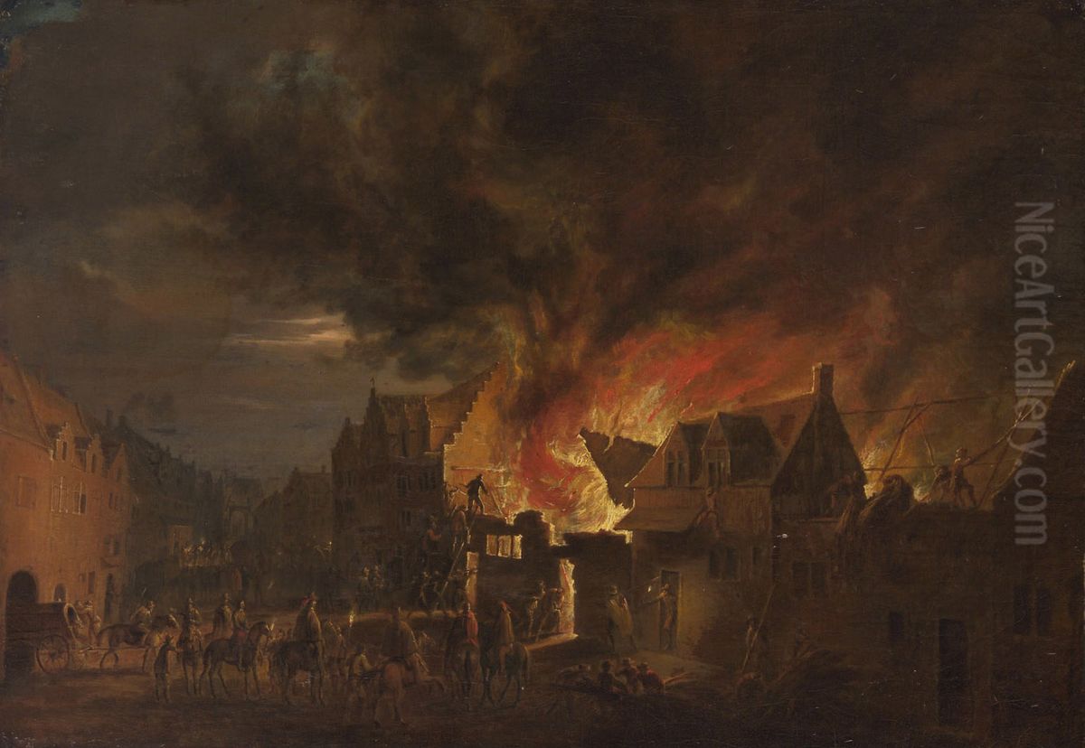 Archduke Leopold Wilhelm at a nocturnal fire Oil Painting by Robert van den Hoecke
