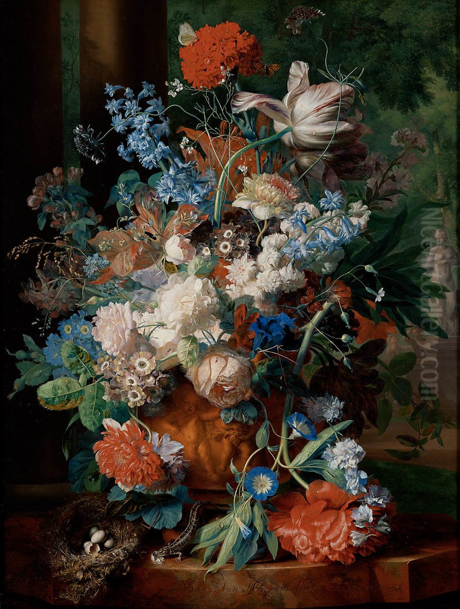Flower still life in a terracotta vase, for two columns and a park landscape with a statue of Venus Oil Painting by Jan Van Huysum