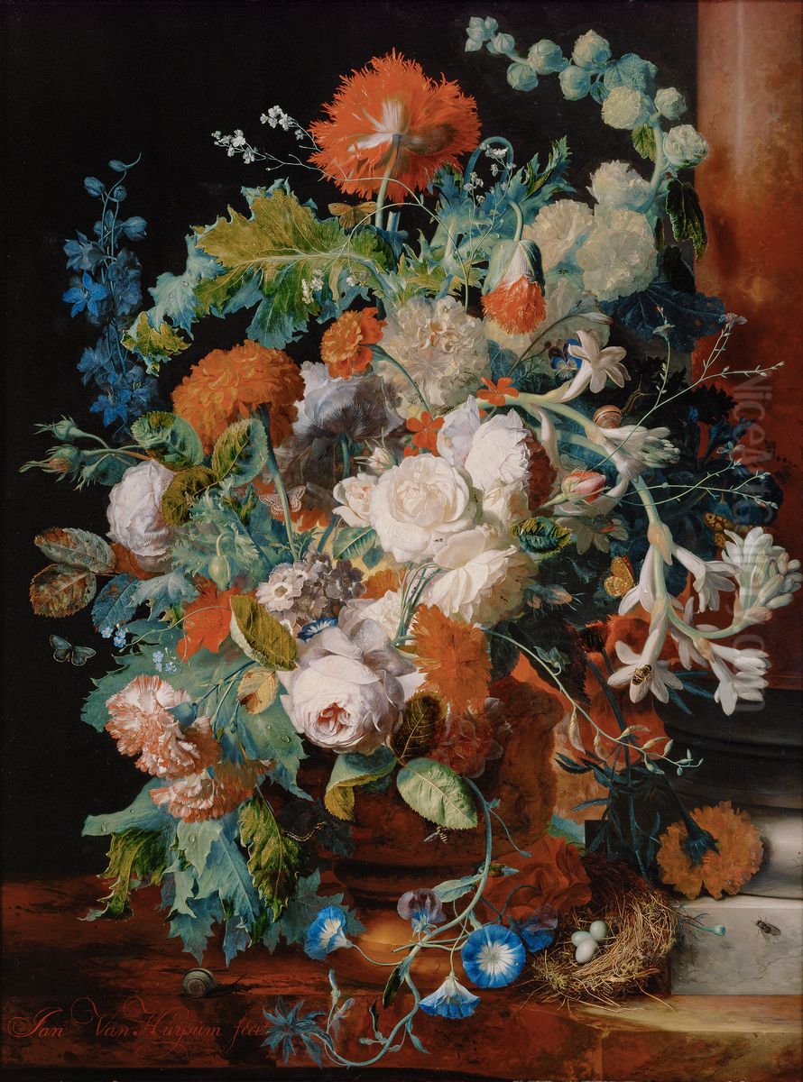 Blumenstrauss bei einer Saule Oil Painting by Jan Van Huysum
