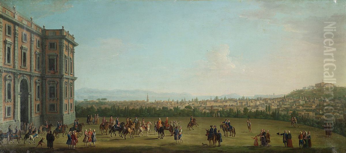 Ansicht von Neapel vom Palazzo di Capodimonte (Im Vordergrund Ferdinand IV. als Kind mit Gefolge beim Ausritt) Oil Painting by Antonio Joli