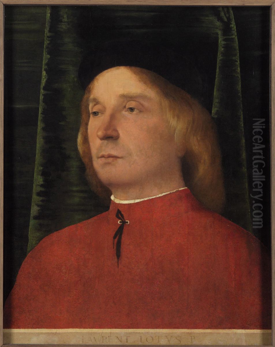 Portrait of a young man in red garment Oil Painting by Lorenzo Lotto