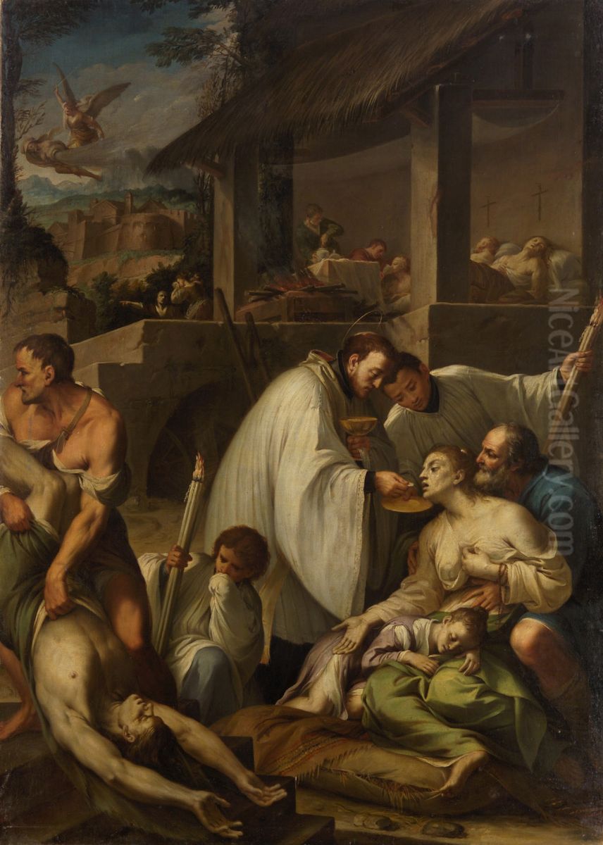 Hl. Aloysius von Gonzaga (?) bei den Pestkranken Oil Painting by Aureliano Milani