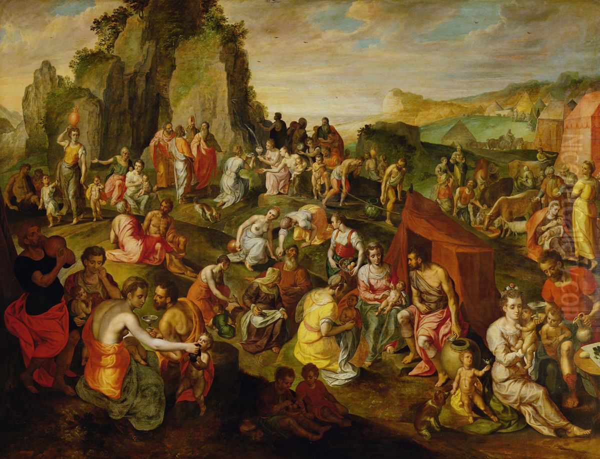 Moses strikes water from the rock Oil Painting by Gillis Mostaert