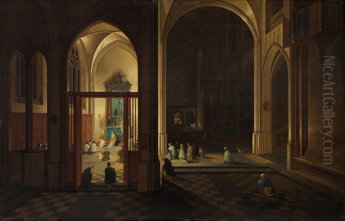 Evening Mass in a Gothic Church Oil Painting by Pieter Neefs the Elder