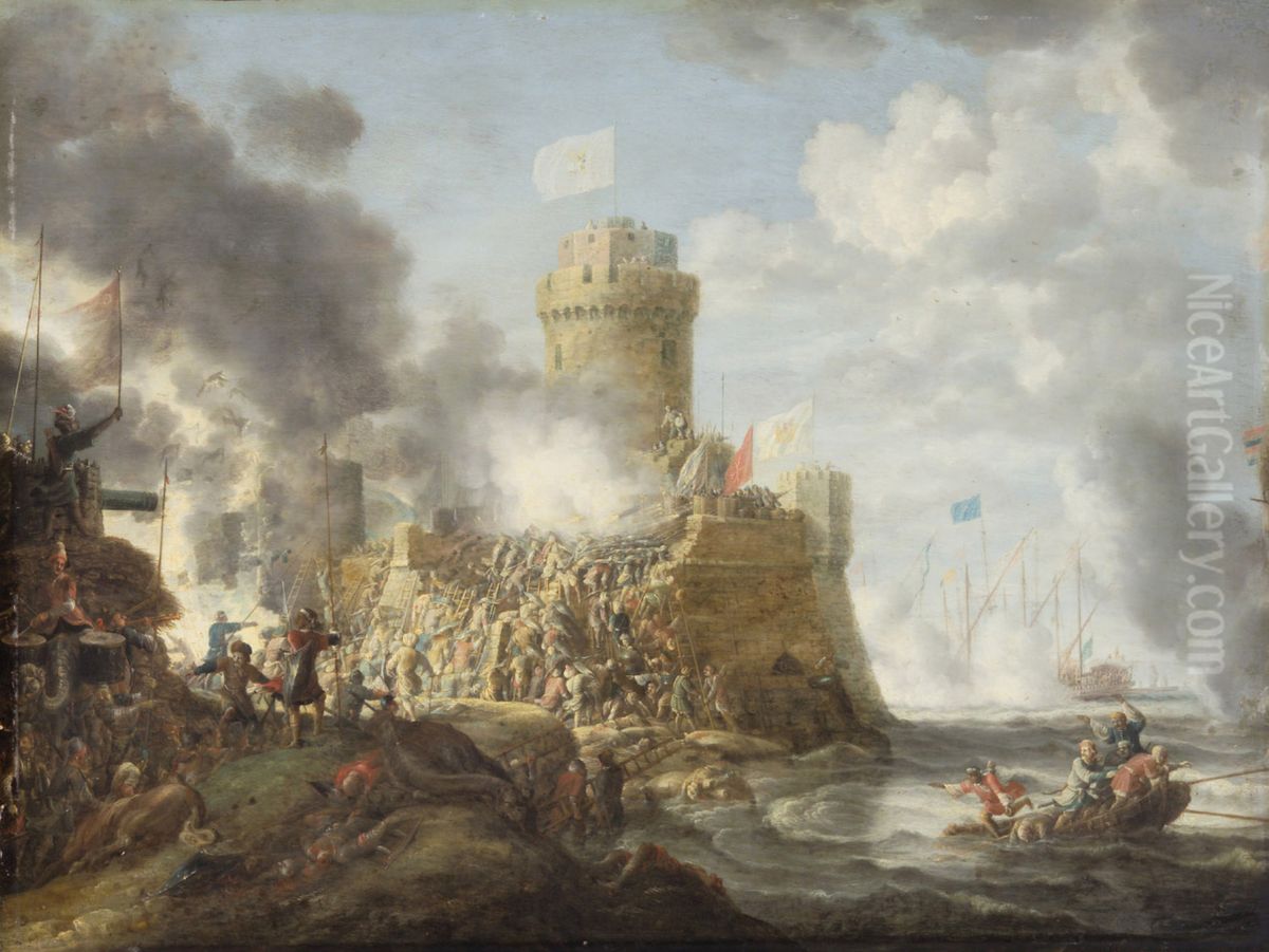 Turken bestormen een zeehaven Oil Painting by Bonaventura Peeters the Elder