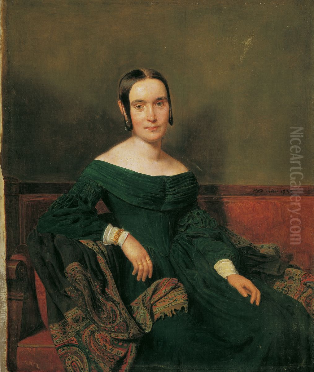Dame in zinnobergrunem Kleid Oil Painting by Ferdinand Georg Waldmuller