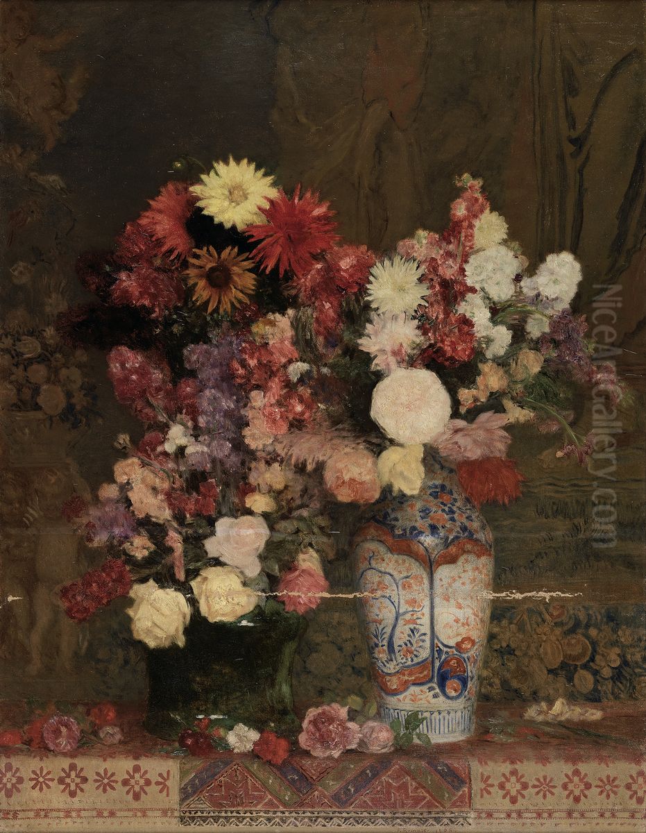 Herbstblumen mit Vase Oil Painting by Franz Rumpler