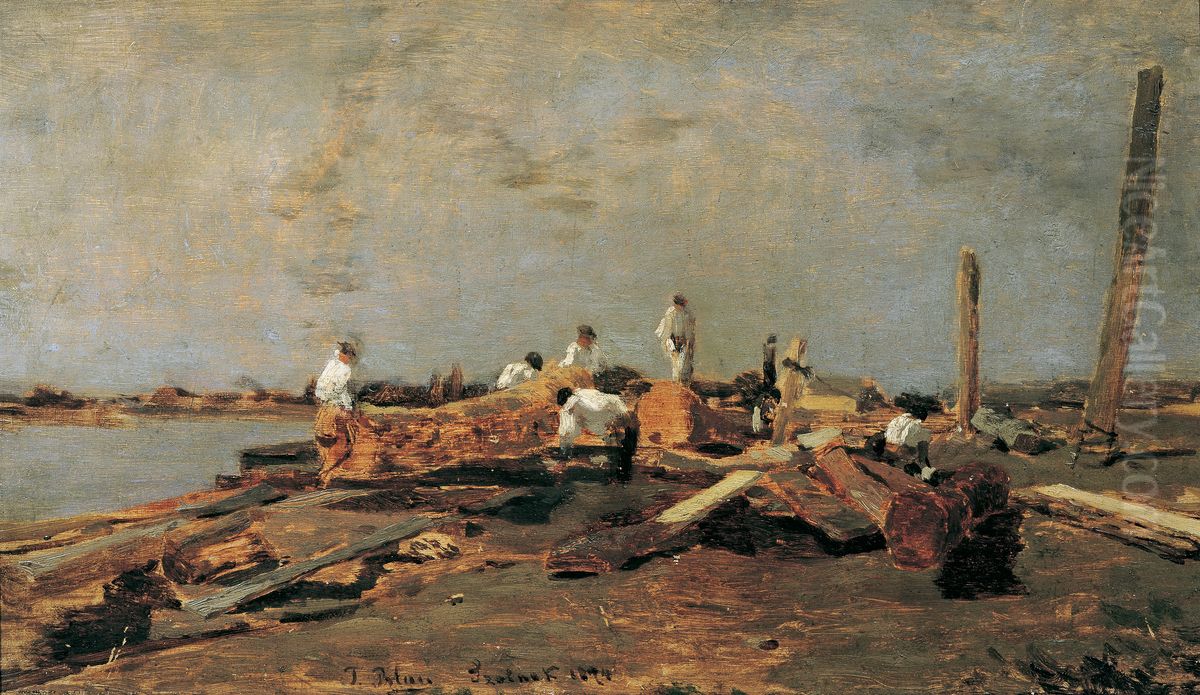 Flosser an der Theiss Oil Painting by Tina Blau