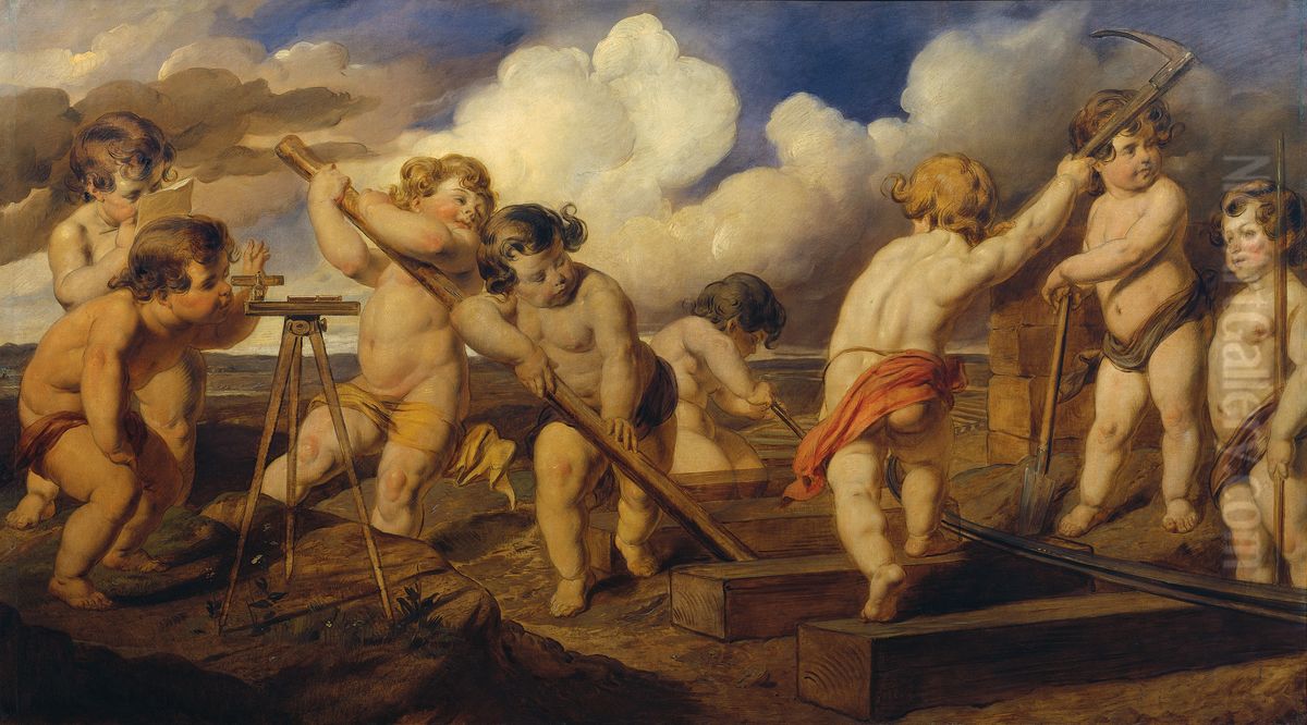 Putten beim Bahnbau Oil Painting by Hans (Johann von Strasiripka) Canon