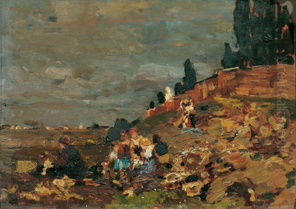 Kinder an der Friedhofsmauer Oil Painting by Tina Blau