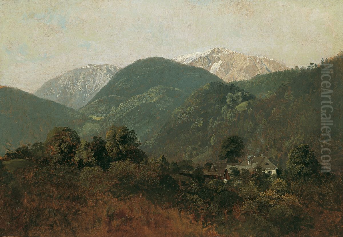 Blick von Scheuchenstein zum Gauermannhof mit Schneeberg im Hintergrund Oil Painting by Friedrich Gauermann