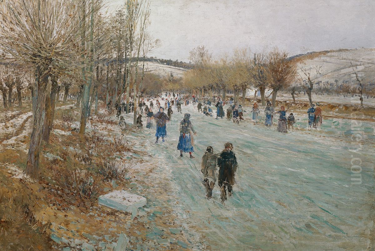 Eislaufer auf der Thaya bei Lundenburg Oil Painting by Theodor von Hormann
