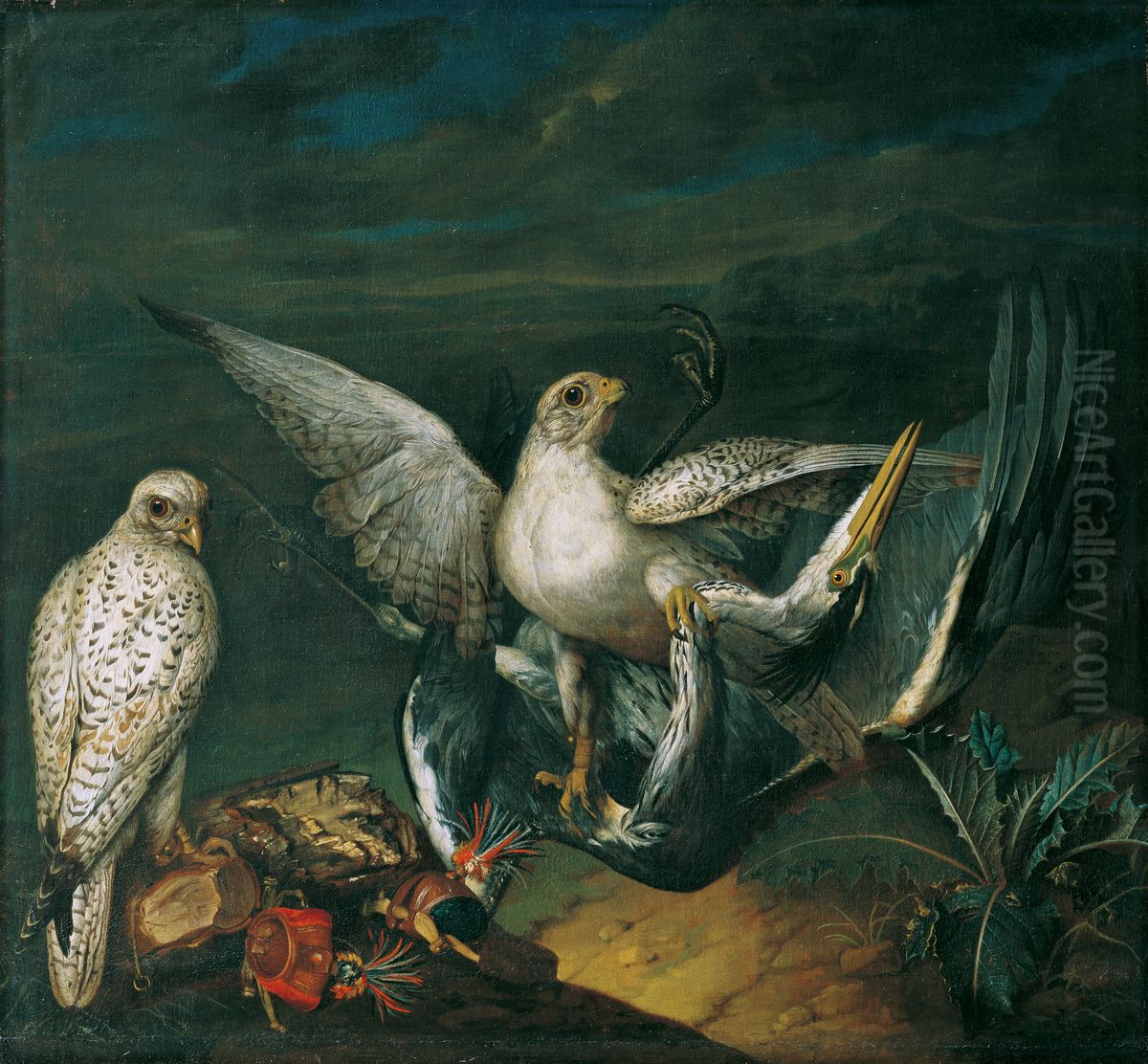 Weisse Jagdfalken mit einem Fischreiher Oil Painting by Philipp Ferdinand de Hamilton
