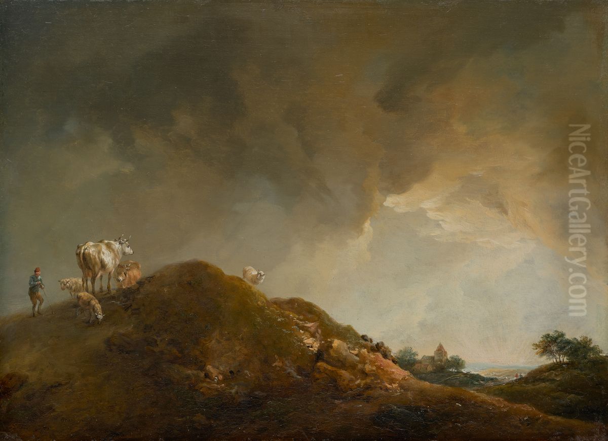 Rolling landscape with cows and sheep Oil Painting by Johann Christian Brand