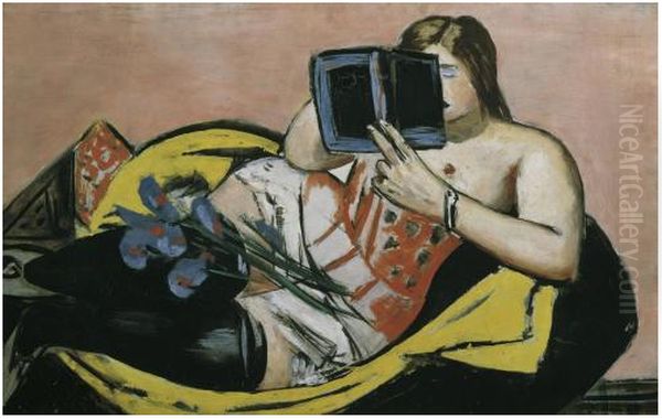 Liegende Frau mit Buch und Schwertlilien Oil Painting by Max Beckmann