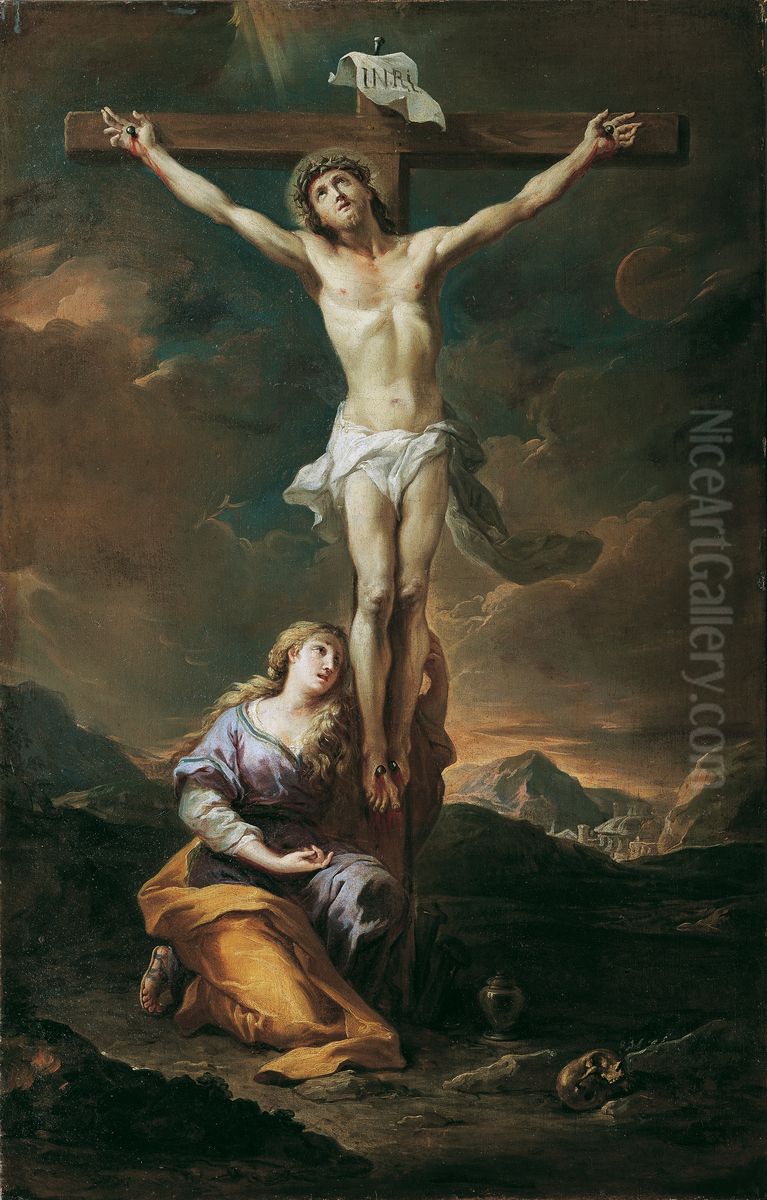 Crucifix with Mary Magdalene Oil Painting by Martino Altomonte