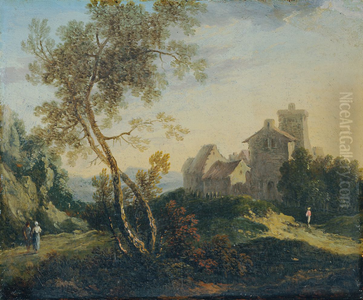 Ideale Landschaft mit Baumen und befestigtem Dorf (Der Abend) Oil Painting by Johann Christian Brand