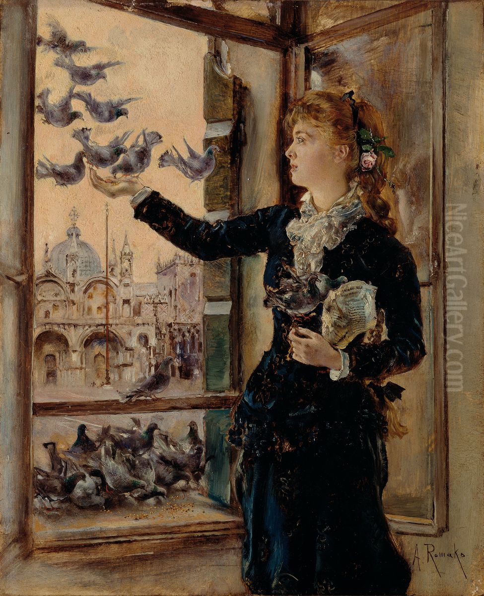 Madchen an einem Fenster zum Markusplatz, Tauben futternd Oil Painting by Anton Romako