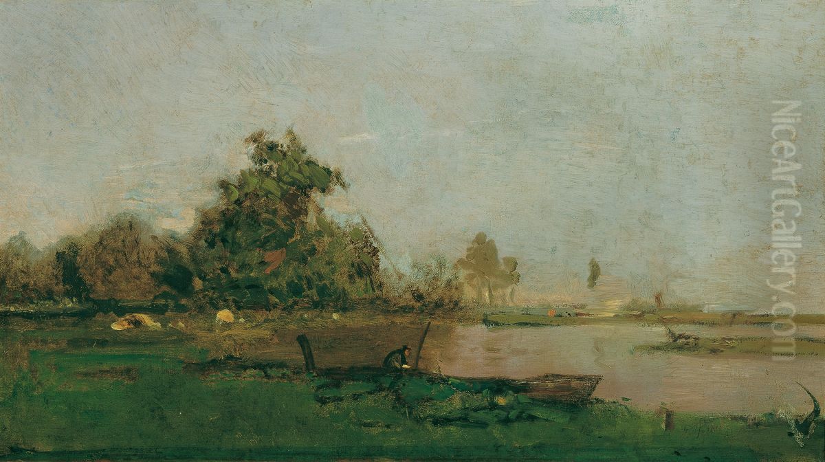 Flusslandschaft mit Boot Oil Painting by Eugen Jettel