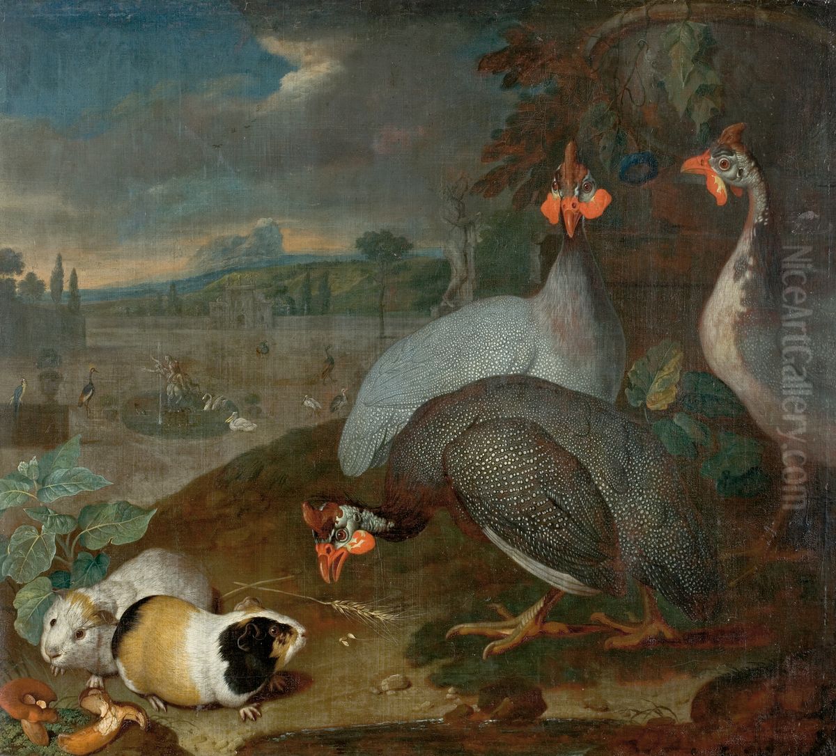 Guinea fowls  with guinea pigs Oil Painting by Philipp Ferdinand de Hamilton