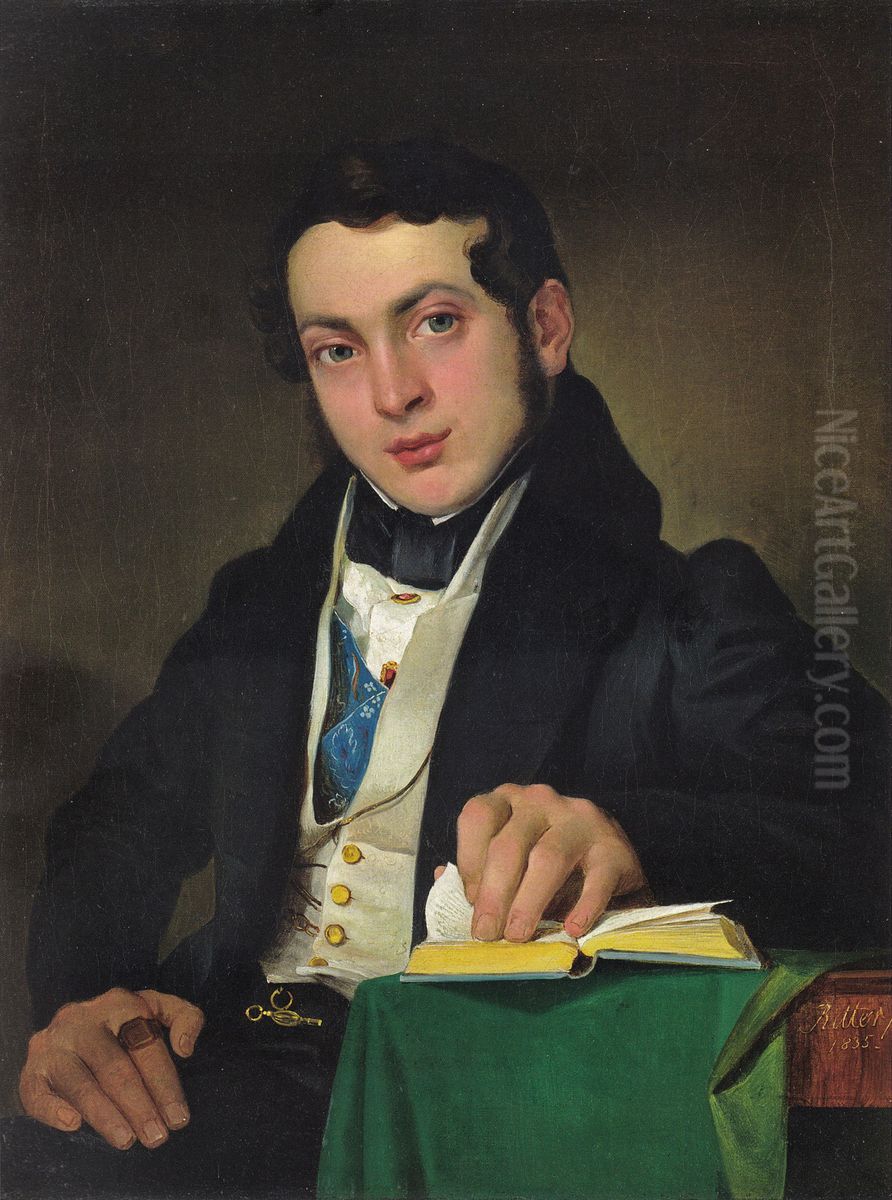 Sitting young man in a black frock coat Oil Painting by Eduard Ritter