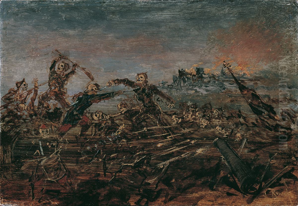 Totentanz auf dem Schlachtfeld vor brennenden Ruinen Oil Painting by Anton Romako