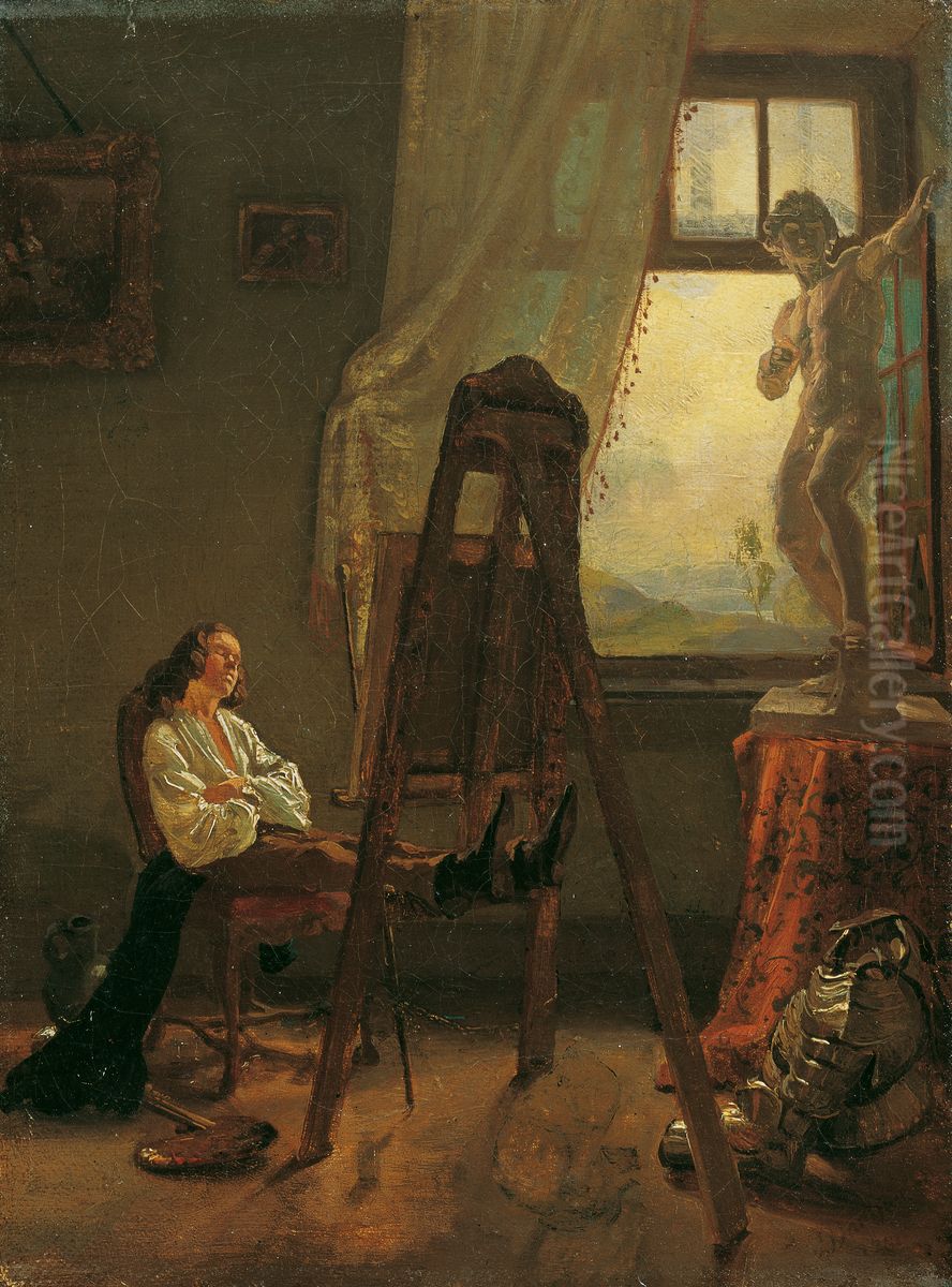 Der eingeschlafene Maler im Atelier Oil Painting by Josef Franz Danhauser