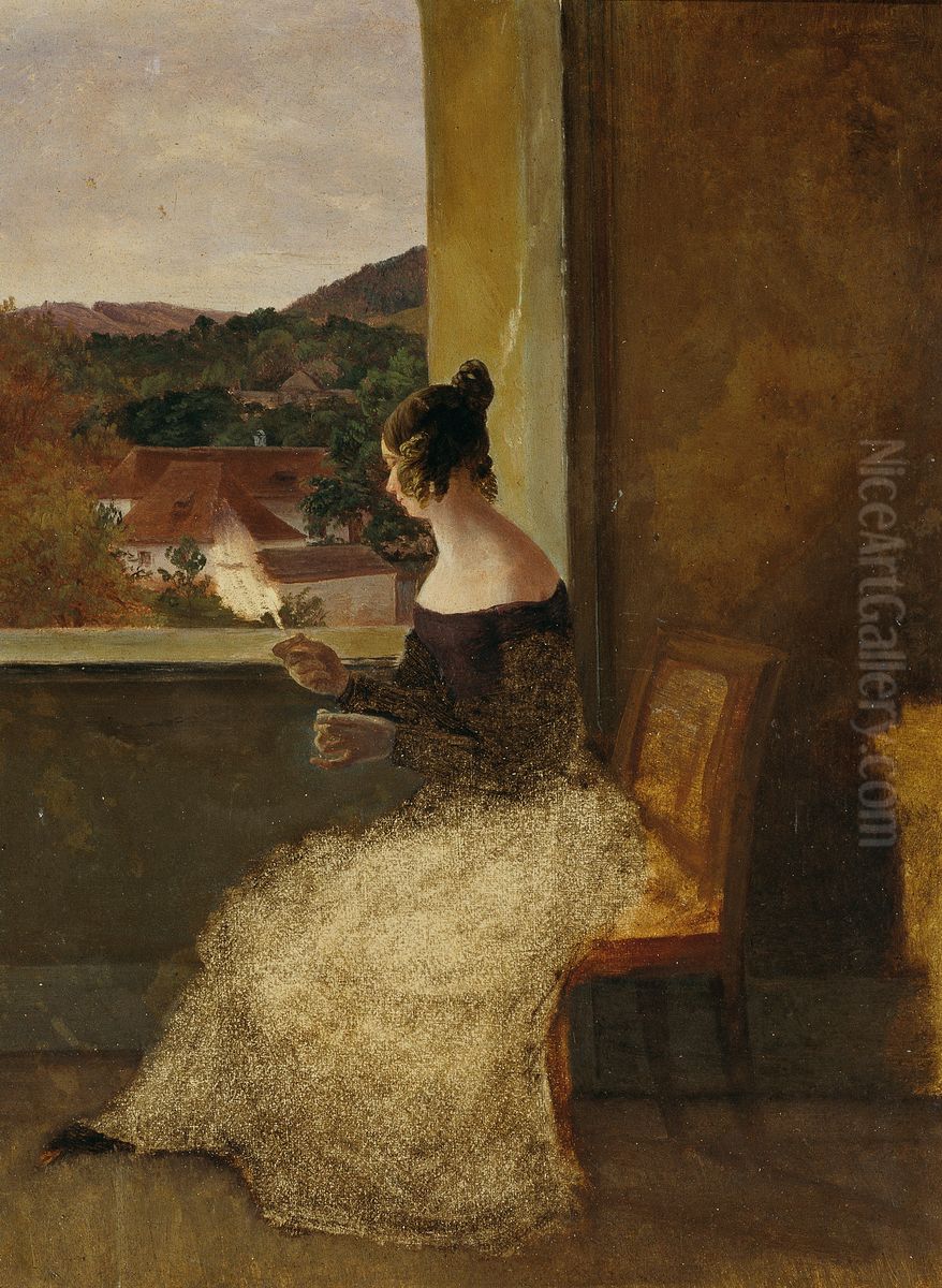 Dame am Fenster mit Spinnrocken Oil Painting by Friedrich Loos