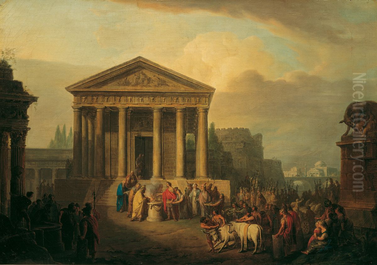 Opferhandlung vor romischem Tempel Oil Painting by Vinzenz Fischer
