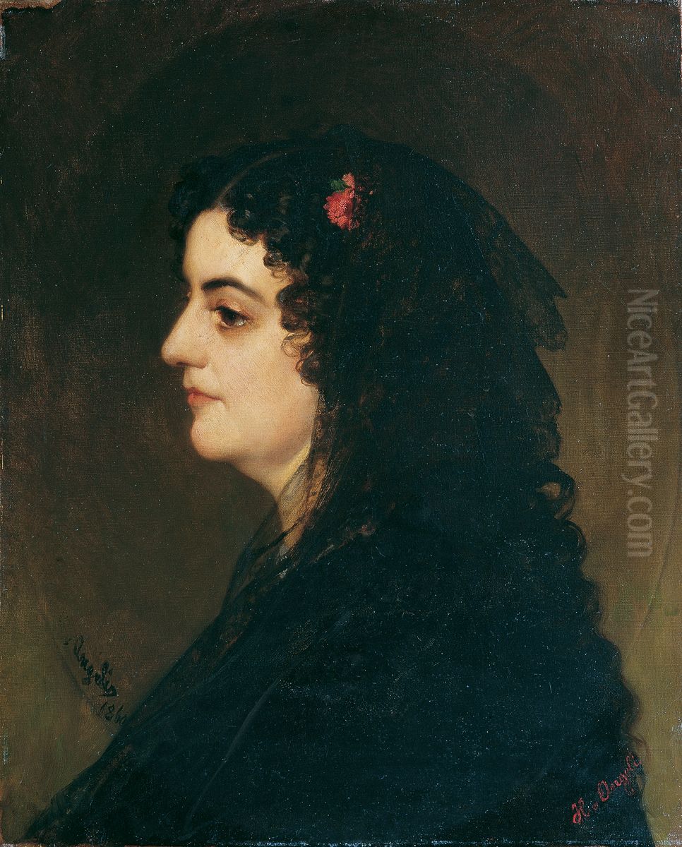 Dame im Profil mit Schleier und Nelke Oil Painting by Baron Heinrich von Angeli