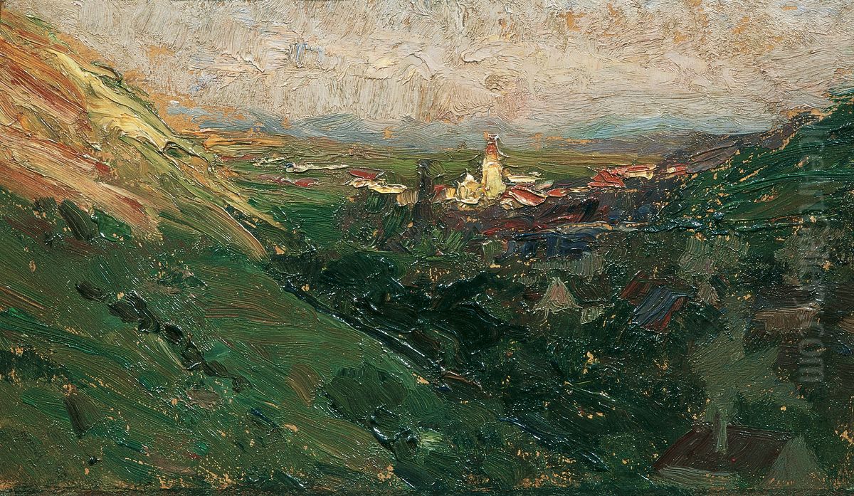 Blick auf das Kahlenberger Dorf Oil Painting by Olga Wisinger-Florian