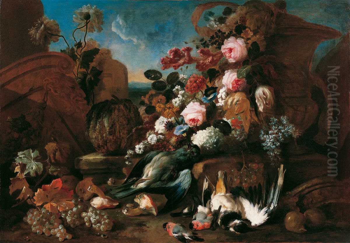 Still life with flowers, dead birds and pieces of ruins Oil Painting by Franz Werner Tamm