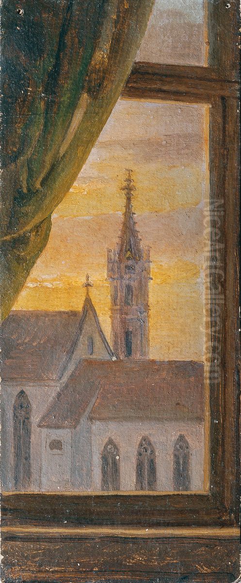 Blick durch ein Fenster auf einen gotischen Kirchturm Oil Painting by Johann Peter Krafft