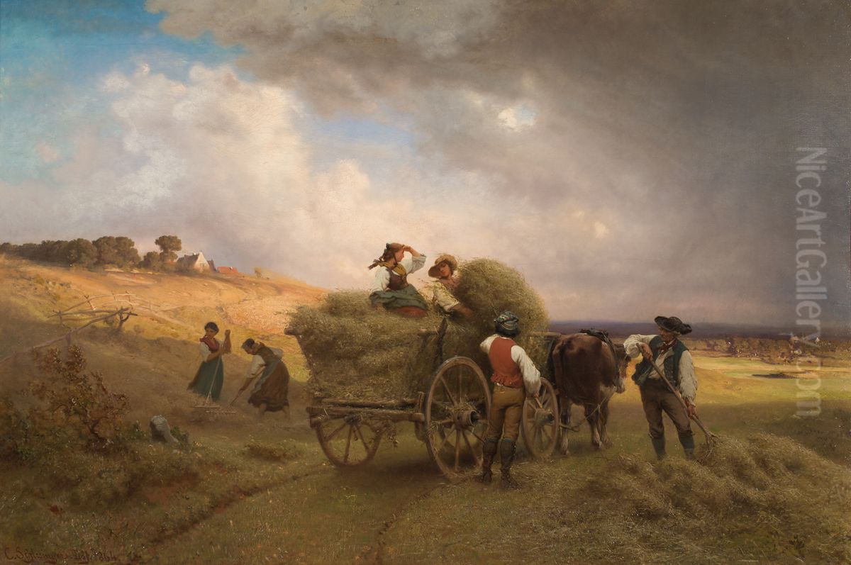 Heueinfahrt bei herannahendem Gewitter Oil Painting by Carl Schlesinger