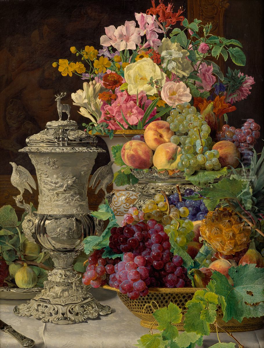 Stillleben mit Fruchten, Blumen und silbernem Pokal Oil Painting by Ferdinand Georg Waldmuller