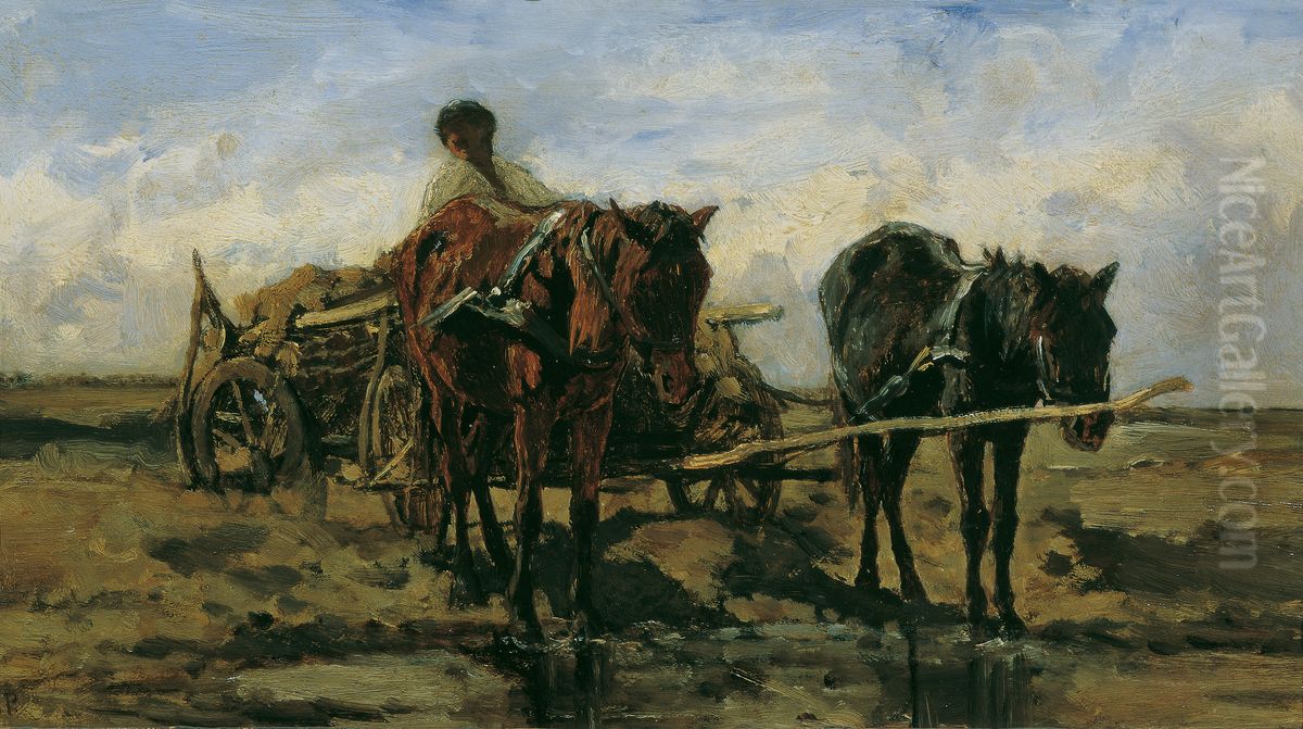 Hungarian farmer's wagon on the water Oil Painting by August von Pettenkofen
