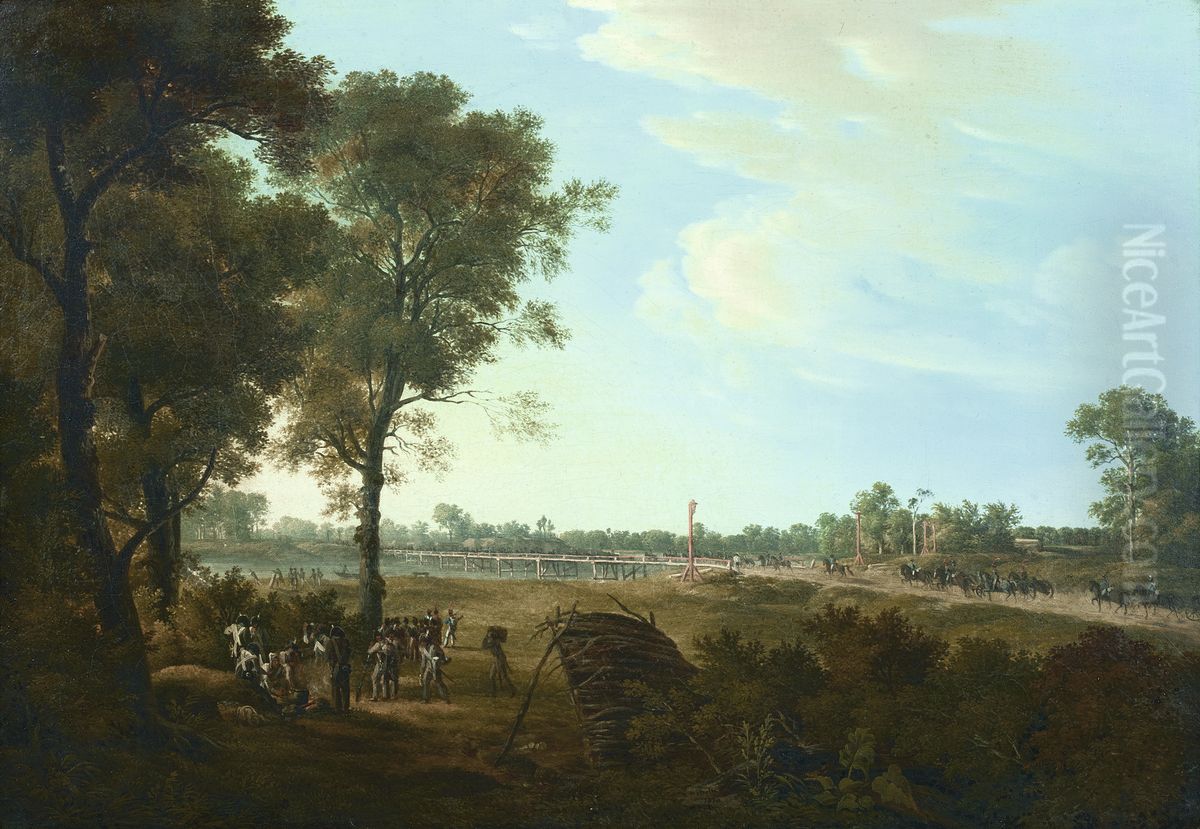 Szene aus den Napoleonischen Kriegen: Der Beginn des Bruckenkopfes in der Lobau Oil Painting by Josef Rebell